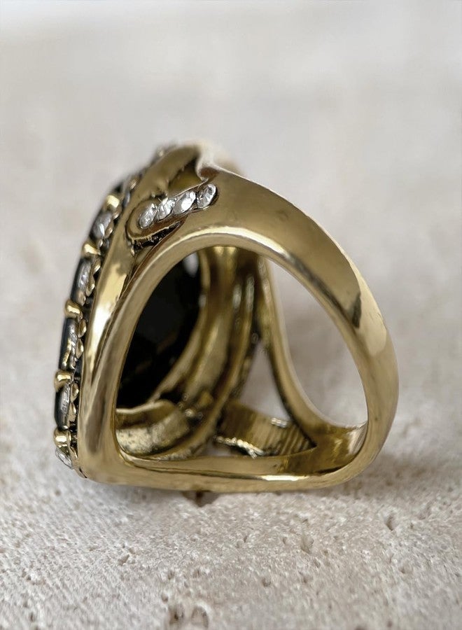 HAIXIAN Gold Black Obsidian Stone Ring for Women,Retro14K Yellow Gold Plated Waterdrop Shap Gemstone Crystal Ring,Cocktail Party Signet Ring Jewelry for Women Her (Ring_A1, 8) - Image 4